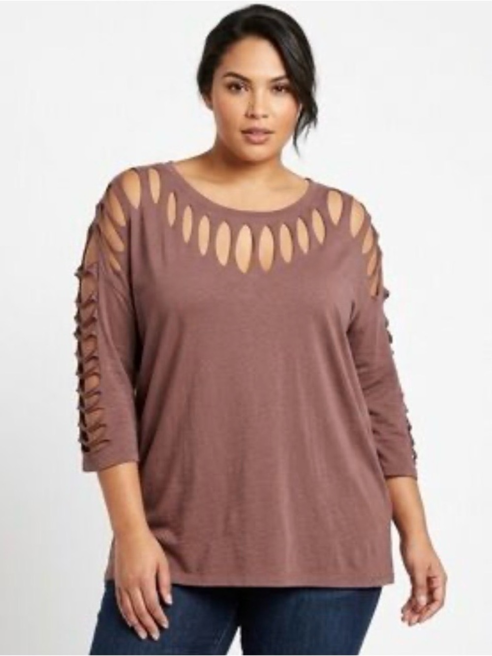 Torrid mauve top features a distinctive cutout neckline and braided sleeves L